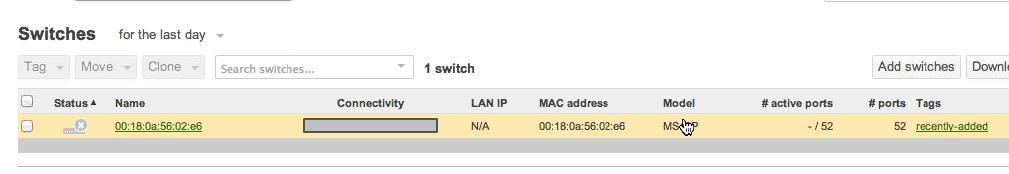 When the switch is first powered on and connected to the Internet, it will pull its settings from the cloud. Adding new MS switch hardware to a branch location in the Cisco Meraki dashboard.