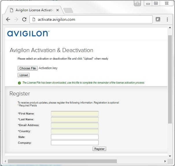 11. Complete the product registration page to receive product updates from Avigilon, then click Register. Figure 2: The product registration web page 12. Return to the ACC Client and click Apply. 13.