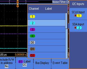 Figure 9: Tek channel selection Figure 10: Tek trigger conditions 9. Press the second softkey from the left labeled Define Inputs. This brings up the screen shown in Fig. 9. The current settings for which channel is clock and which is data is shown at the right side of the screen.