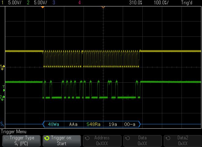 Figure 5: Keysight I 2 C input settings Figure 6: Keysight I 2 C signal display 9. Press the third softkey from the left labeled Signals. This brings up the screen shown in Fig. 5. The current settings for which channel is clock (SCL) and which is data (SDA) is shown along the bottom of the screen.