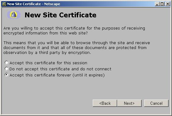106 DOMINION SX INSTALLATION AND OPERATIONS MANUAL Install CA Root for Netscape Navigator Each time you access an SSL-enabled Dominion SX unit, you will see a New Site Certificate window.