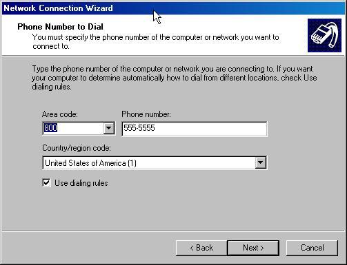 APPENDIX G: MODEM CONFIGURATION 137 6. Click in the Use dialing rules check box and enter the Area code and Phone number you wish to dial in the fields. Click on the [Next] button.