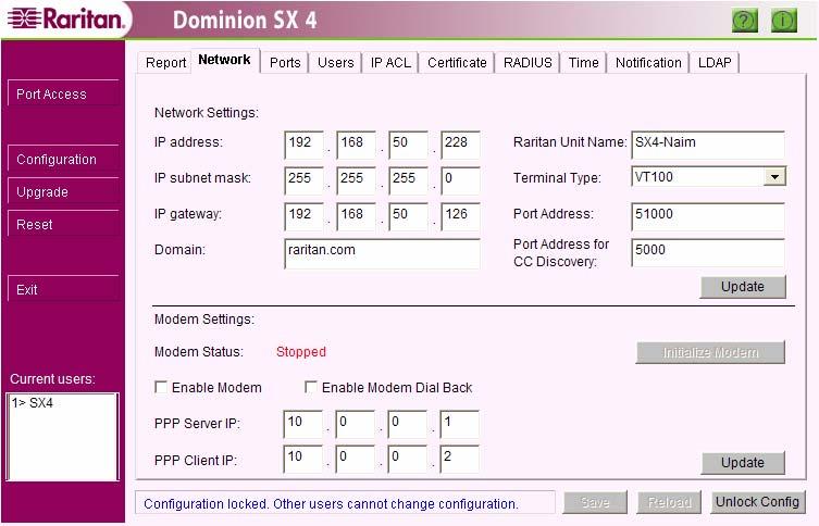 36 DOMINION SX INSTALLATION AND OPERATIONS MANUAL Network Overview The Network configuration screen provides an area for Administrators to define both the network and modem (optional) settings for