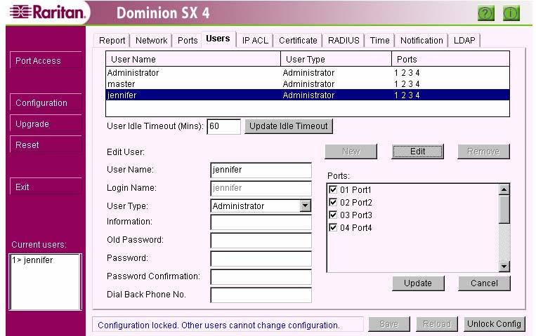 42 DOMINION SX INSTALLATION AND OPERATIONS MANUAL Edit Existing User Information Only Administrators can edit all User information (except Login Name).