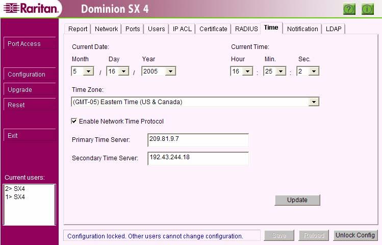 58 DOMINION SX INSTALLATION AND OPERATIONS MANUAL Time Overview The Time configuration screen is important for modifying the time, date, time zone, and NTP server address in the Dominion SX unit.