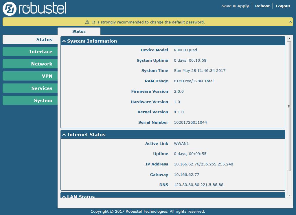 3.4 Control Panel After logging in, the home page of the R3000 Quad Router s web interface is displayed, for example.