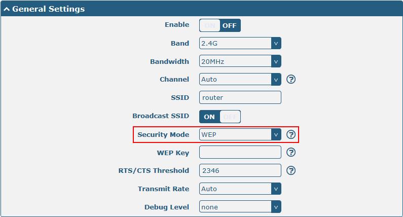 The window is displayed as below when setting WEP as the security mode. General Settings @ Access Point Enable Click the toggle button to enable/disable the WiFi access point option.