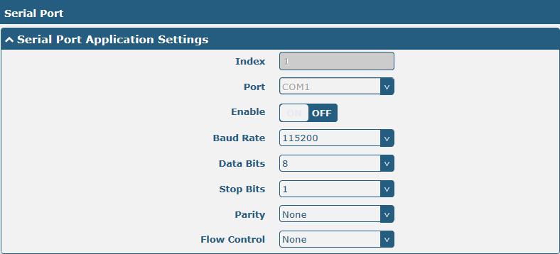 3.12 Interface > Serial Port This section allows you to set the serial port parameters. R3000 Quad Router supports one RS-232 or one RS-485 across a 7-pin terminal block with lock.