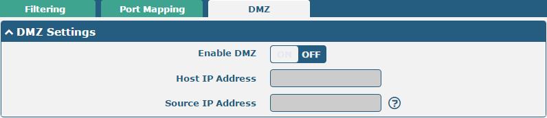 DMZ DMZ host is a host on the internal network that has all ports exposed, except those ports otherwise forwarded. DMZ Settings Enable DMZ Click the toggle button to enable/disable DMZ.