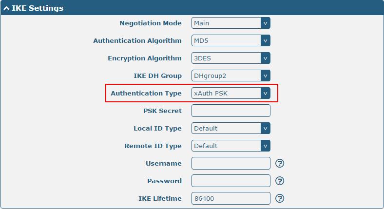 The window is displayed as below when choosing xauth PSK as the authentication type. The window is displayed as below when choosing xauth CA as the authentication type.
