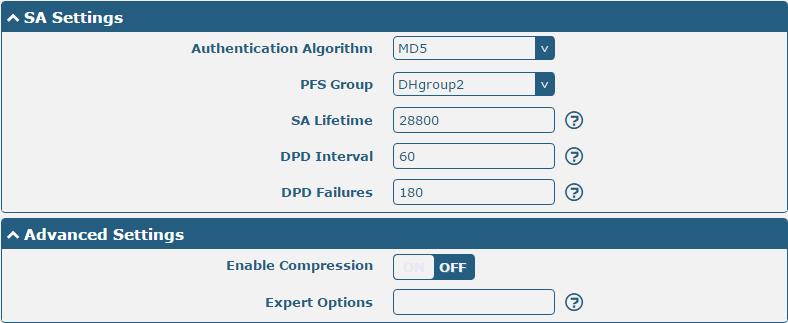SA Settings Encrypt Algorithm Authentication Algorithm PFS Group SA Lifetime DPD Interval Select from 3DES, AES128 or AES256 when you select ESP in Protocol.