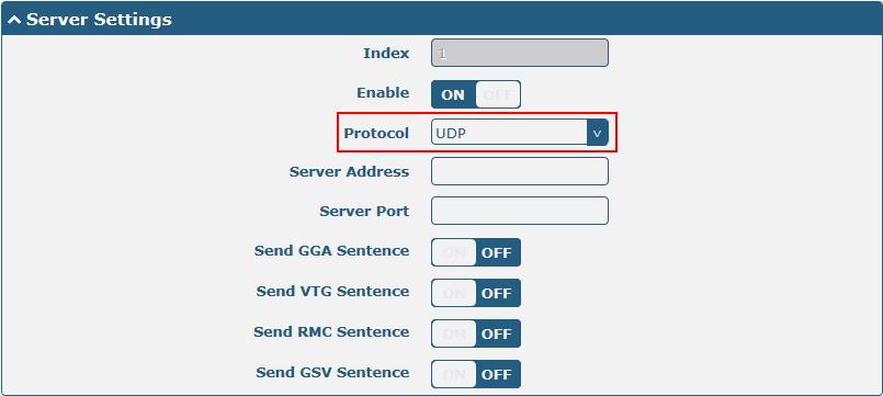 The window is displayed as below when choosing TCP Server as the protocol. The window is displayed as below when choosing UDP as the protocol. Server Settings Index Indicate the ordinal of the list.