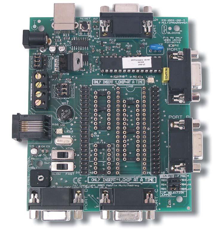 3. Board layout 1 2 3 4 15 17 13 14 21 5 12 16 19 22 11 20 19 6 9 10 8 7 18 EB006-74-4.cdr 1. Power connector - either polarity 2. USB connector 3. Reset switch 4. Port E I/O 5. Port A I/O 6.