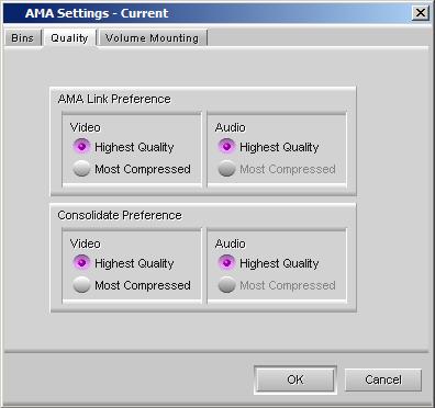 File Based Media - AMA To cosolidate high-resolutio media: 1. I the Project widow, click the Settigs tab. 2. Double-click AMA. The AMA Settigs dialog box appears.