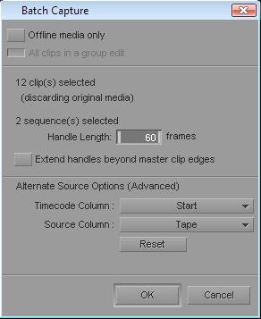 Multichael Audio t t Select Edit > Select All. Ctrl+click to select specific clips. If you are batch capturig the origial source master clips used i the sequece, the sequece is updated automatically.