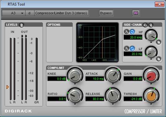 New Audio Features The Compressor/Limiter Dy 3 plug-i widow displayed i the RTAS too dialog box.