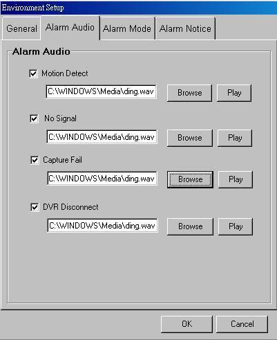 Once video recorder detects motion, no signal or capture fail, CMS server will trigger alarm audio to remind Administrator for quick response. You can define the alarm audio when the event occurs.