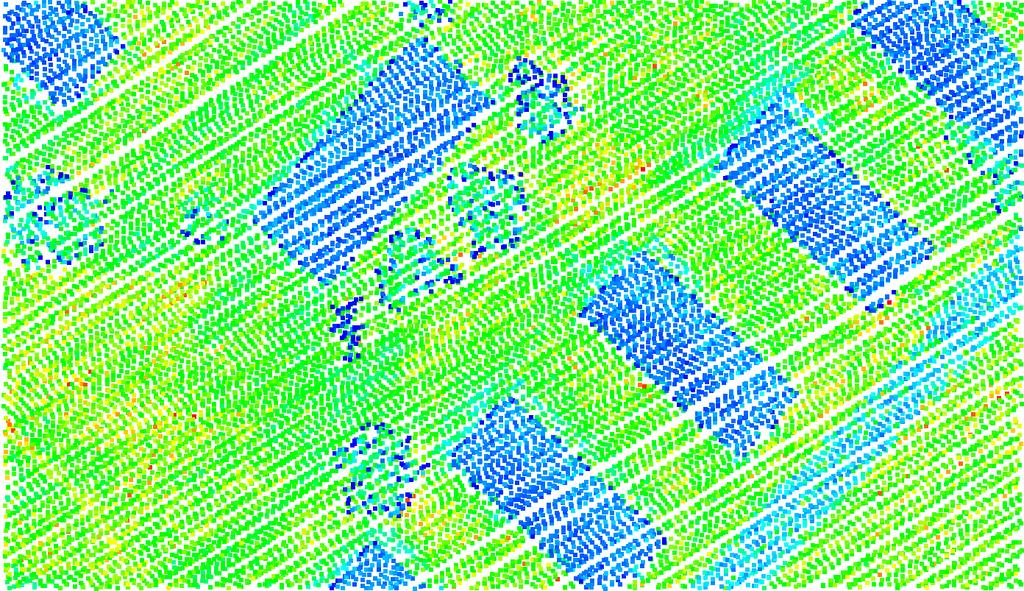 (Top Right) The LiDAR data colored according to point intensity (darker regions are shown in blue; brighter regions in green).