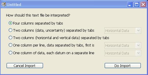 Figure 11: Importing Data VIII. Troubleshooting LinReg is a useful program, but is often picky about the details. Some frequent problems/errors are listed below with possible solutions.