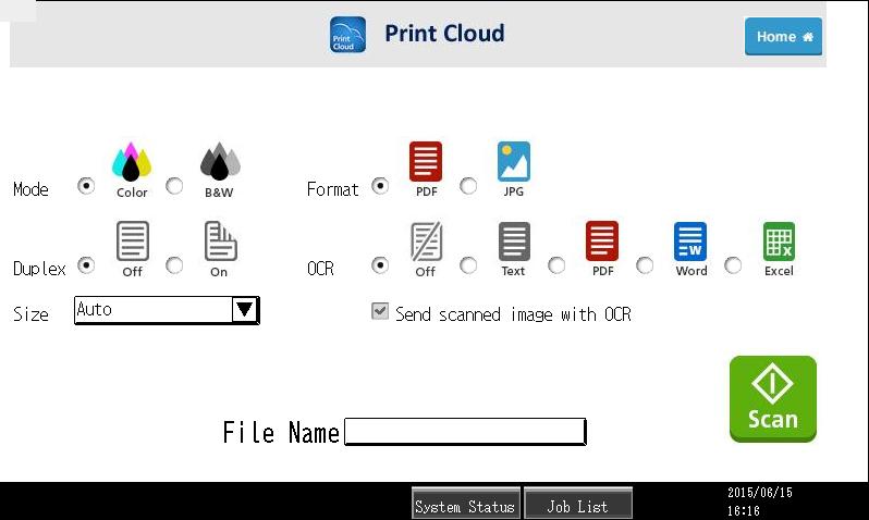 After a successful login, the scan setting interface screen is displayed. The following Settings are available: 1. Mode: Color or Grayscale 2. Scan File Format: PDF or JPG 3.