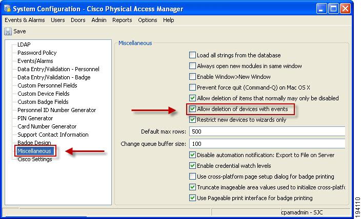 Note The the Delete All Cameras command will fail to complete if you do not enable the Allow deletion of devices with events option. Step 3 a. Select System Configuration from the Admin menu. b.