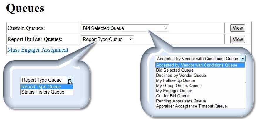 Specialized and Custom Queues The View Queues tab allows you to view specialized pre-built queues, as well as customized queues that were created using etrac Report Builder.