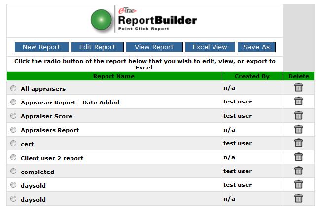The etrac Report Builder Home Screen will