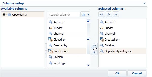 As a result, in the central part of the window, a list of columns for the selected object will be displayed. 3. Double-click a column in the columns area to add it in the [Selected columns] area.