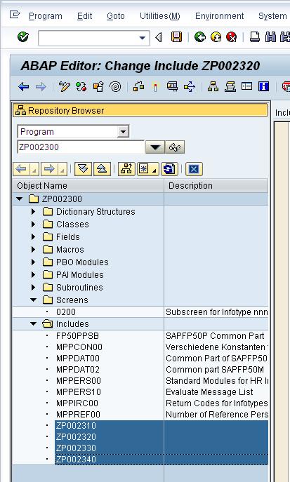 There are 4 Includes starting with Z, shown below: ZP002310 : Include Program for Data Definitions ZP002320