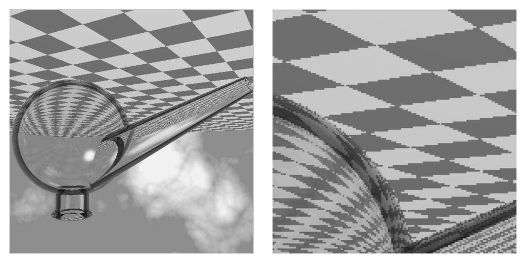 Figure 2: A ray traced image of a 3D scene. The image is shown at full resolution on the left and magnified on the right. Note the jagged edges along the edges of the checkered pattern.