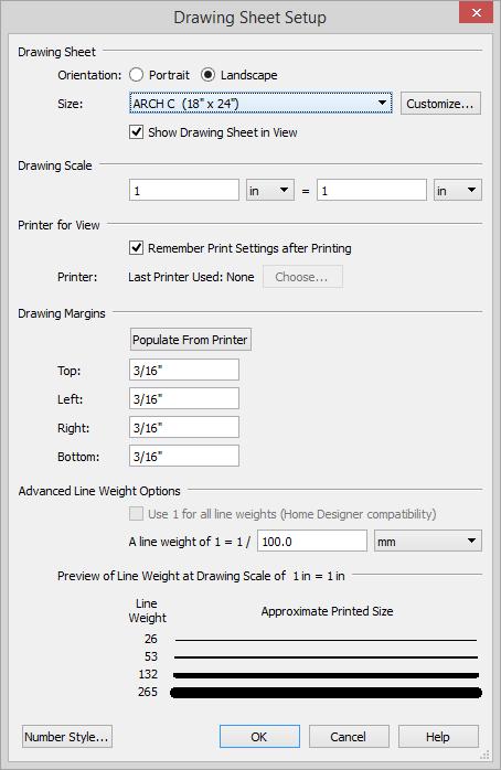 Home Designer Pro 2018 User s Guide To set up the layout sheet 1. Select File> Print> Drawing Sheet Setup to open the Drawing Sheet Setup dialog. 2. Specify the Orientation and Size of the Drawing Sheet.