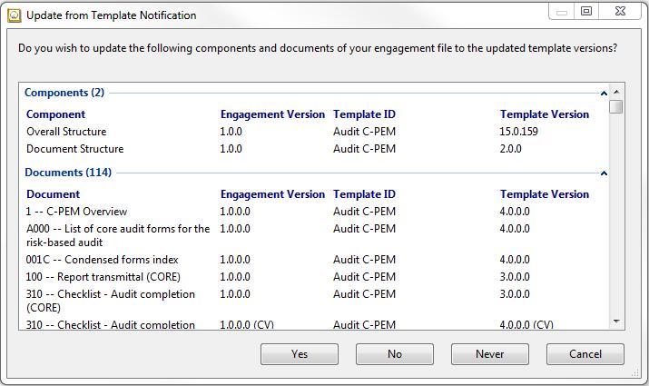 process will walk you through the documents for the content portion of the update. 8.4 Template Update The Template Update dialog appears when there is a new version of the template.