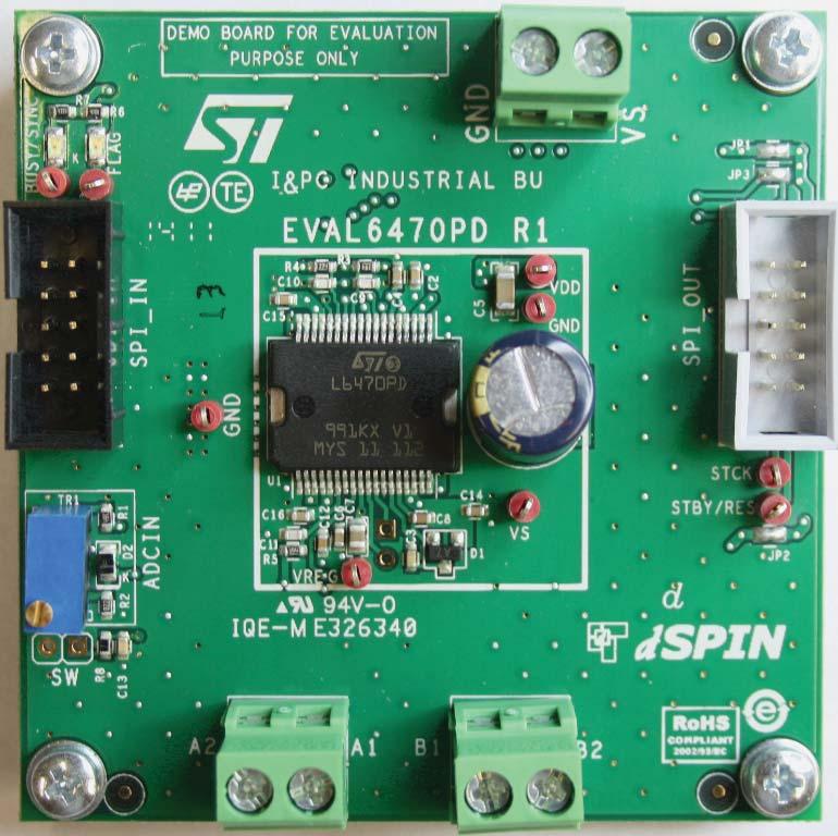 Fully integrated stepper motor driver mounting the L6470 in a high power PowerSo package Description Data brief AM39v The EVAL6470PD demonstration board is a fully integrated microstepping motor