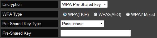 Standard; government standard packet encryption and stronger than TKIP), or WPA2 Mixed. Pre-Shared Key Type: You can select Passphrase (ASCII) or Hexadecimal for the Pre-Shared Key.