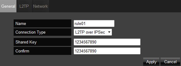 L2TP over IPSec profile setting General Name: Enter a name for your VPN policy. Connection Type: Supports PPTP, L2TP, IPSec and L2TP over IPSec methods to establish VPN connection.