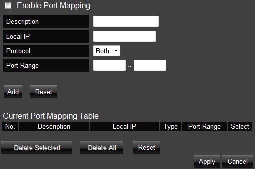 14.2. Port Mapping Port Mapping allows you to re-direct a particular range of service port numbers (from the Internet / WAN Port) to a particular LAN IP address.