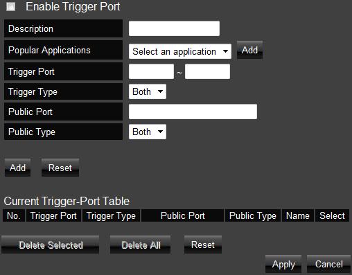 14.4. Port Triggering (Special Application) Some applications require multiple connections, such as online games, videoconferencing, VoIP telephony and etc.