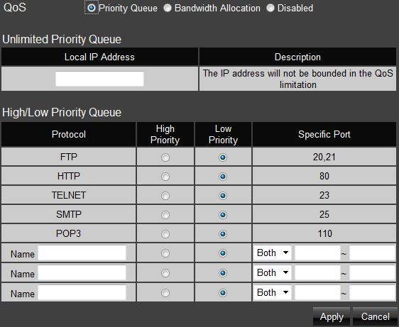 Priority Queue Local IP Address: Enter the Local IP address which will have the highest priority to stream data and will not be bounded by the QoS