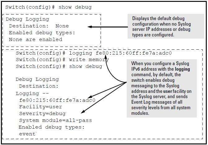 The following figure shows an example of show debug command output that displays a configured IPv6 Syslog server.
