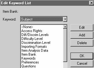 Defining Default Keyword Lists Select the Options pull-down menu Default Keyword Lists Select a Keyword from the pull-down menu Select Add to create a new keyword list item Examples of