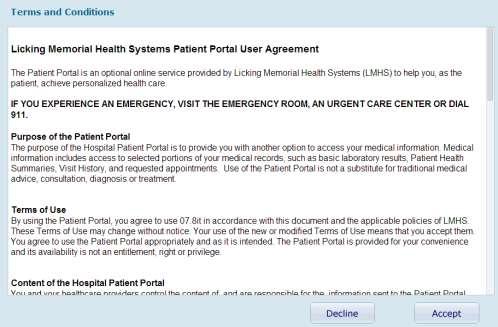 7. You will need to Accept or Decline the Terms & Conditions of use for the LMH Patient Portal. If you Accept, you will be taken to the Patient Portal Home Page.
