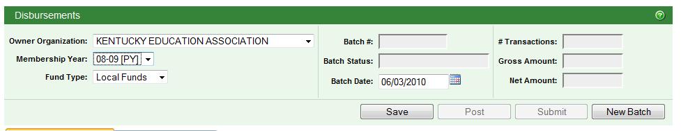 To Process a New Disbursement Batch: 1. Select the Membership Year for this batch. 2. Click on to open the page below.