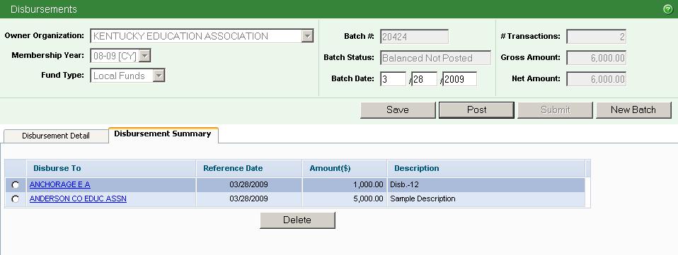 Editing a Disbursement Transaction 1. With the Disbursement Summary tab enabled, click on the hyperlinked name of the organization for which you want to make changes. 2.