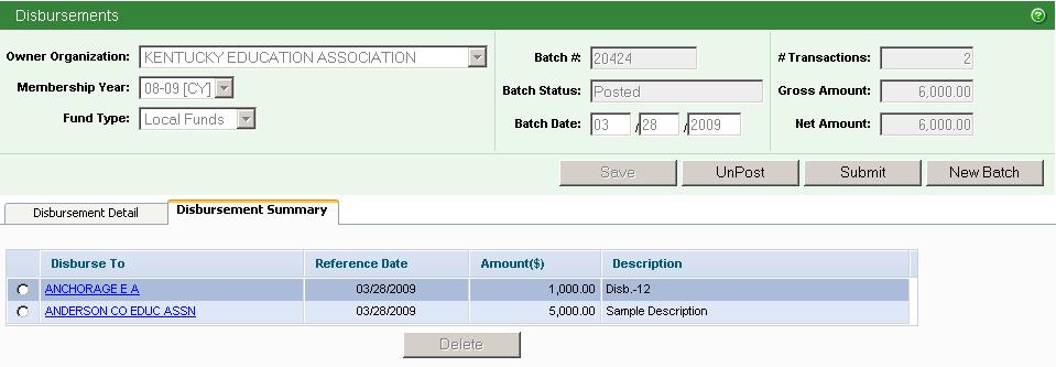 Reviewing a Disbursement Batch Transaction You may review a specific batch from the Batch Summary Page. To do so, 1. Click on the Batch #.