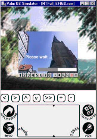 Figure 1: PTViewerME running in Palm Emulator: Displaying progress bar during JPEG-decoding (left) and displaying rendered view (right). A background image covers unused portions of the screen.