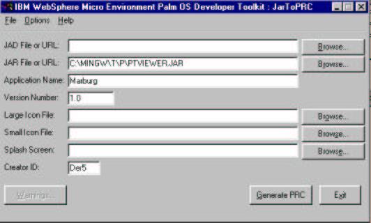 Figure 3: Wrapping the JAR-Midlet into a Palm database using the jartoprcw.exe tool. Reduce the size of the viewer window. 200x140 is the largest I can use on my Palm, although screen size is 320x320.