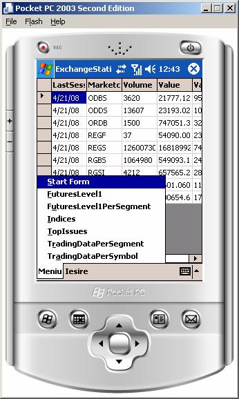 Fig. 8 Exchange statistics information, ordered by market type, on the QTEK 2020i display Application main screen is displayed Connected at the server IP address and logical port The server conection