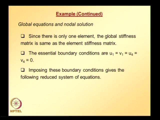 (Refer Slide Time: 30:42) Global equations and nodal solution, since there is only one element the global stiffness matrix is same