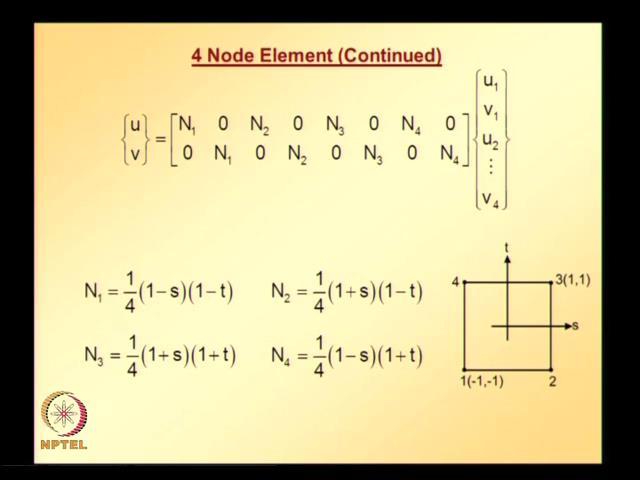 (Refer Slide Time: 03:35) Once we have the shape functions of all 4 nodes of the parent element, we can write this equation which interpolates displacement, using the nodal values at the 4 nodes and