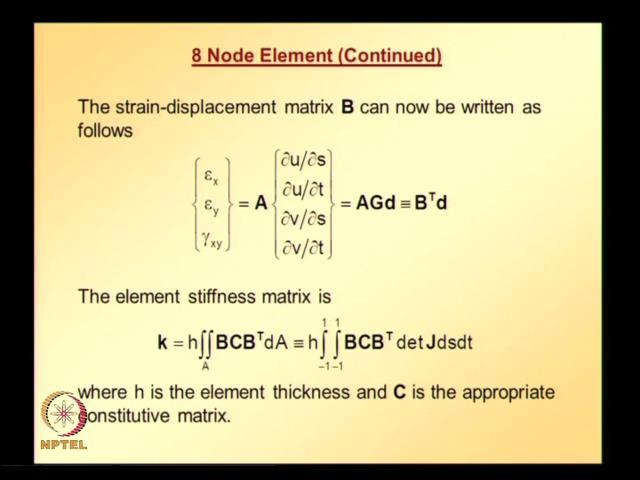 Again the dimension of G matrix increases, because there are 8 nodes, so once we have this we can write strain displacement matrix.